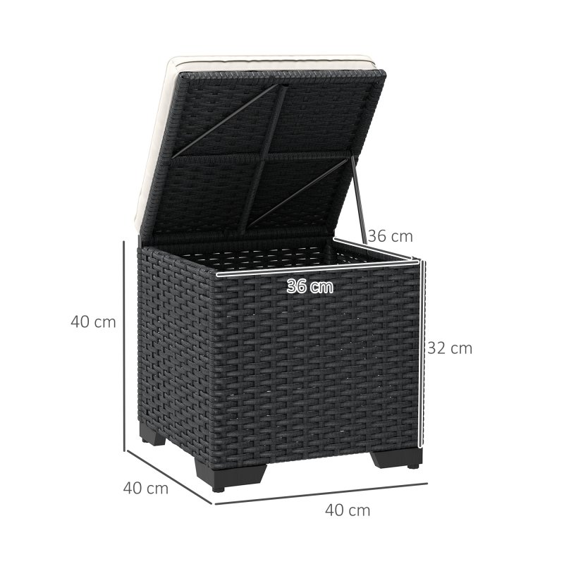 Outsunny Set of 2 Rattan Storage Ottoman, Outdoor Footstool with Removable Cushions, Garden Storage Seat for Balcony, Porch, Living Room, Cream White