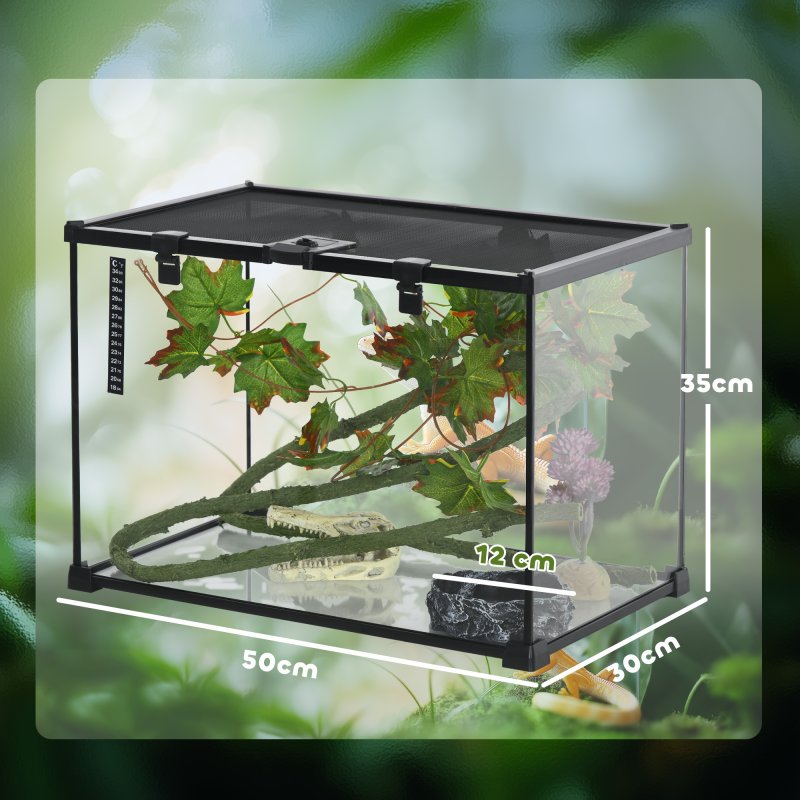 PawHut Vivarium, Terrarium, Glass Reptile Habitat w/ Thermometer, Decoration, Heat for Lizards, Horned Frogs, Snakes, Spiders, 50 x 30 x 35cm