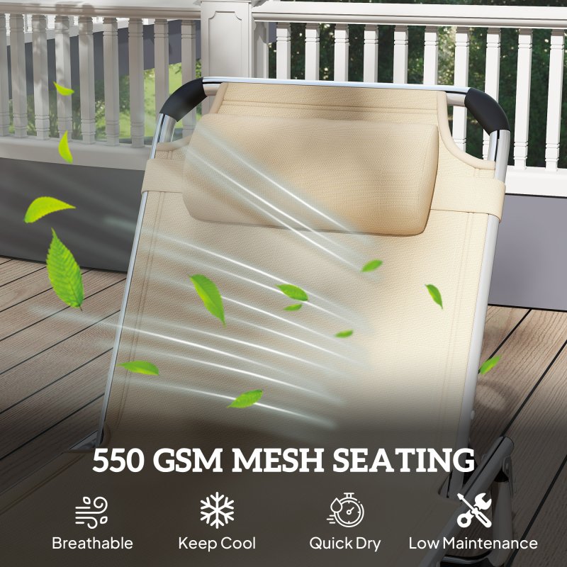 Outsunny Foldable Outdoor Sun Lounger, Reclining Lounge Chair Camping Bed Cot with Pillow 4-Level Adjustable Back Aluminium Frame, Khaki