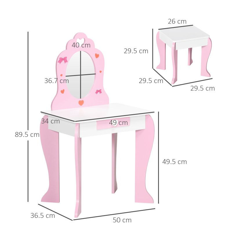 ZONEKIZ Kids Dressing Table with Mirror and Stool, Vanity Set w/ Love Heart and Bow Design, Girl Makeup Desk w/ Drawer, for Ages 3-6 Years - Pink