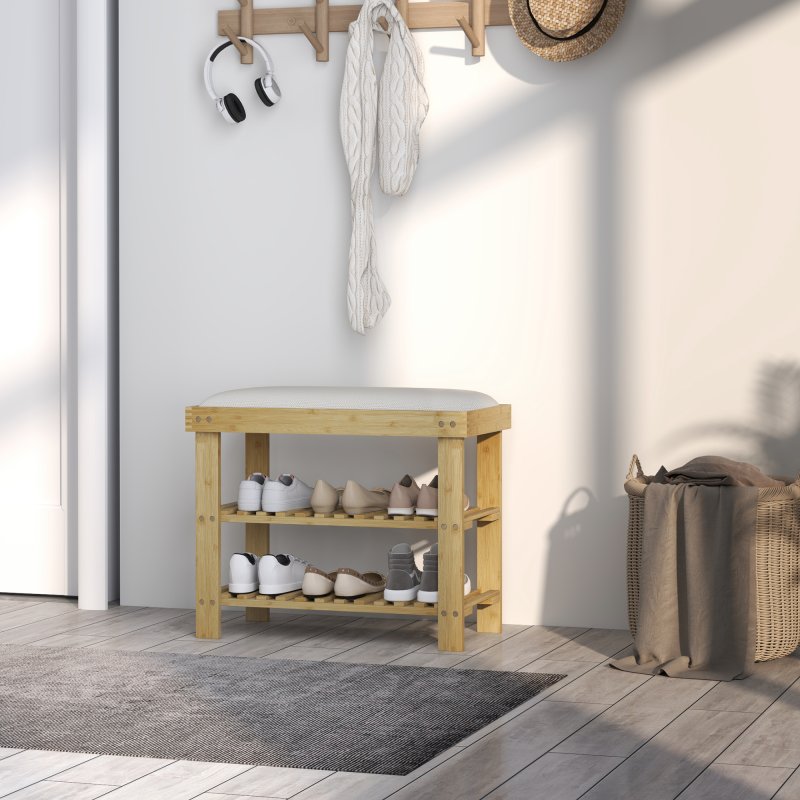 HOMCOM Bamboo Shoe Storage Bench, 3-Tier Shoe Bench with Seat Cushion, Shoe Rack for Entryway, Hallway, Living Room, Bedroom, Cream White