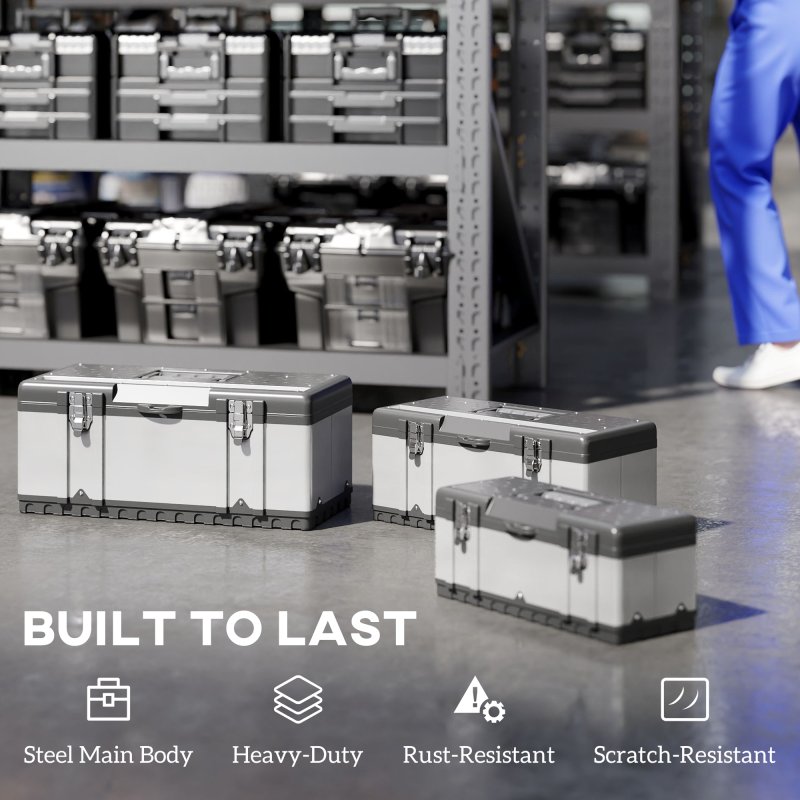 HOMCOM 3 Pieces Tool Box Set, 23"/ 19"/ 16" Powder Coated Stainless Steel Toolbox with Removable Tray, Handles, Latches, Heavy Duty Tool Case Storage for Workshop, Garage