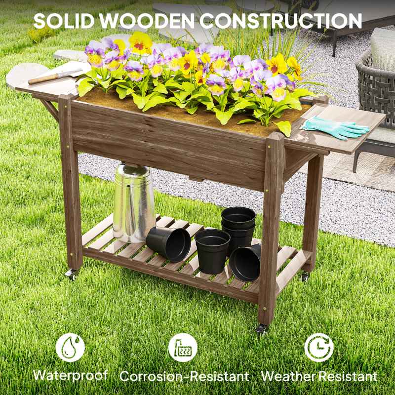Outsunny Raised Garden Bed, Wooden Elevated Planter Box with Lockable Wheels, Side Tables and Bottom Shelf, Outdoor Planter with Liner and Drainage Holes for Vegetables, Flowers, Fruits, Carbonised