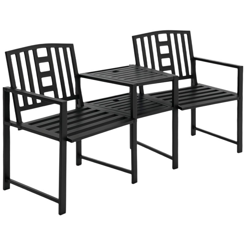 Outsunny Patio Tete-a-tete Chair 2 Seat Bench Middle Coffee Table w/ Umbrella Hole for Outdoors Decorative Slatted Design Steel Frame Black