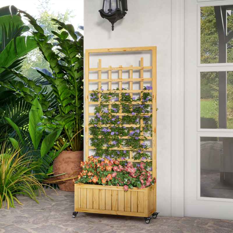 Outsunny Wooden Trellis Planter, Raised Beds for Garden with Wheels and Drainage Holes, Privacy Screen Planter Box to Grow Vegetables, Herbs and Flowers for Garden, Patio, Deck, Natural