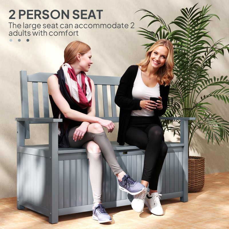 Outsunny 2 Seater Garden Storage Bench, 164L Outdoor Storage Box with Backrest Flower Pattern, Wooden Garden Bench with Armrests, 125 x 68.5 x 97cm, Grey