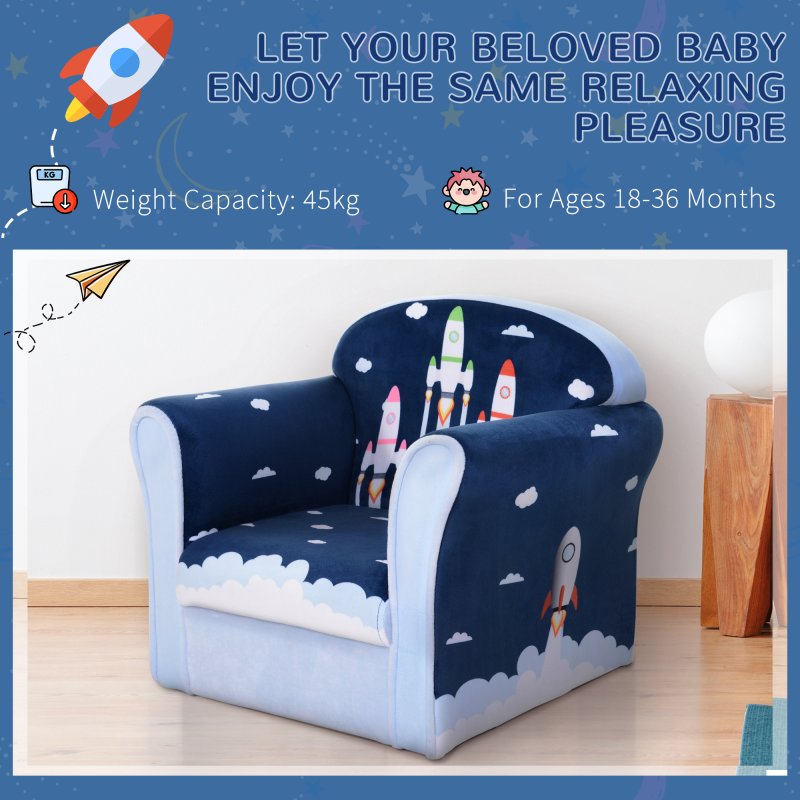 HOMCOM Children's Armchair Flannel Kids Sofa Tub Chair Cartoon Rocket Pattern Wooden Frame Bedroom Playroom Seater Blue