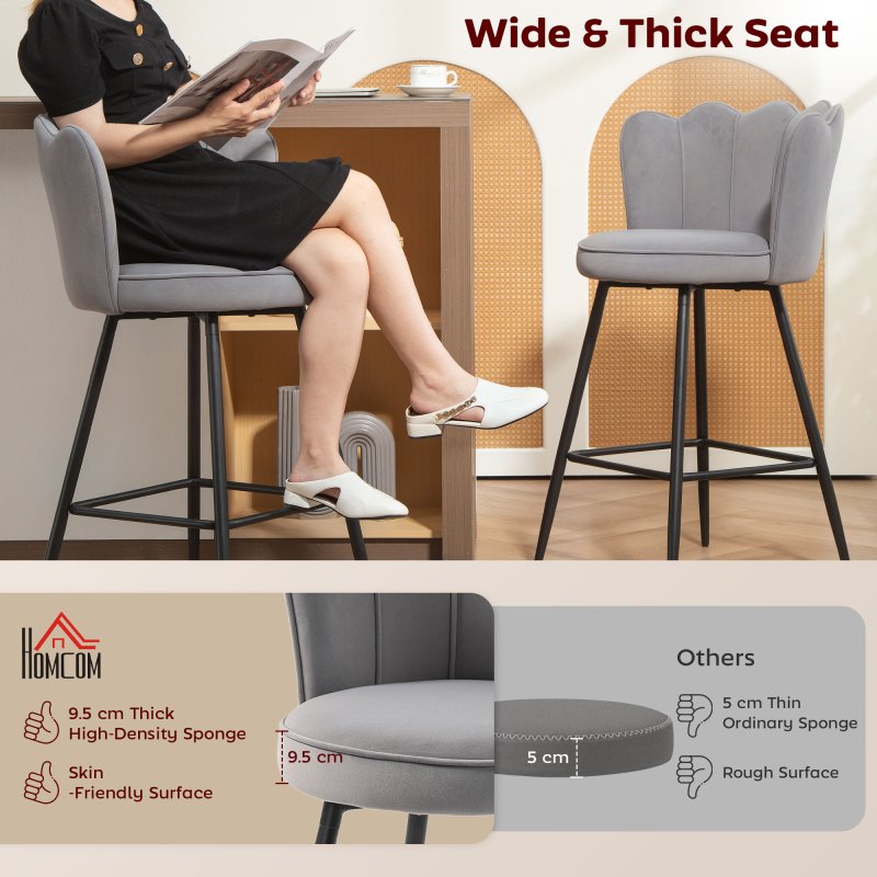 HOMCOM Bar Stools Set of 2, Modern Velvet-Feel Barstools with Petal Backrest and Footrest, Upholstered Breakfast Bar Chairs with Metal Legs for Kitchen Island Counter, Dining Room, Grey