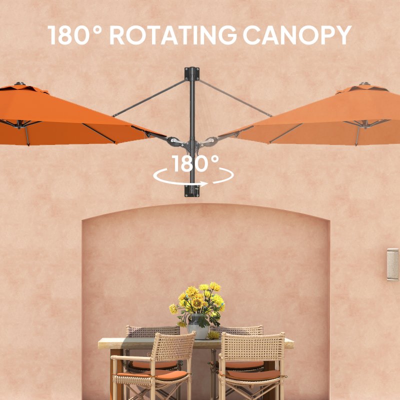 Outsunny 3 M Wall Mounted Garden Parasol Umbrella with Rotate, Outdoor Market Umbrella Sun Shade Canopy with 8 Ribs, Orange