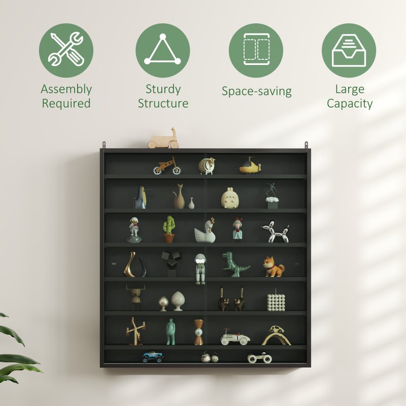 HOMCOM 7-Tier Wall Mounted Display Cabinet, Display Case with 6 Adjustable Shelves, Glass Doors for Home Office Ornaments 83x80cm, Black