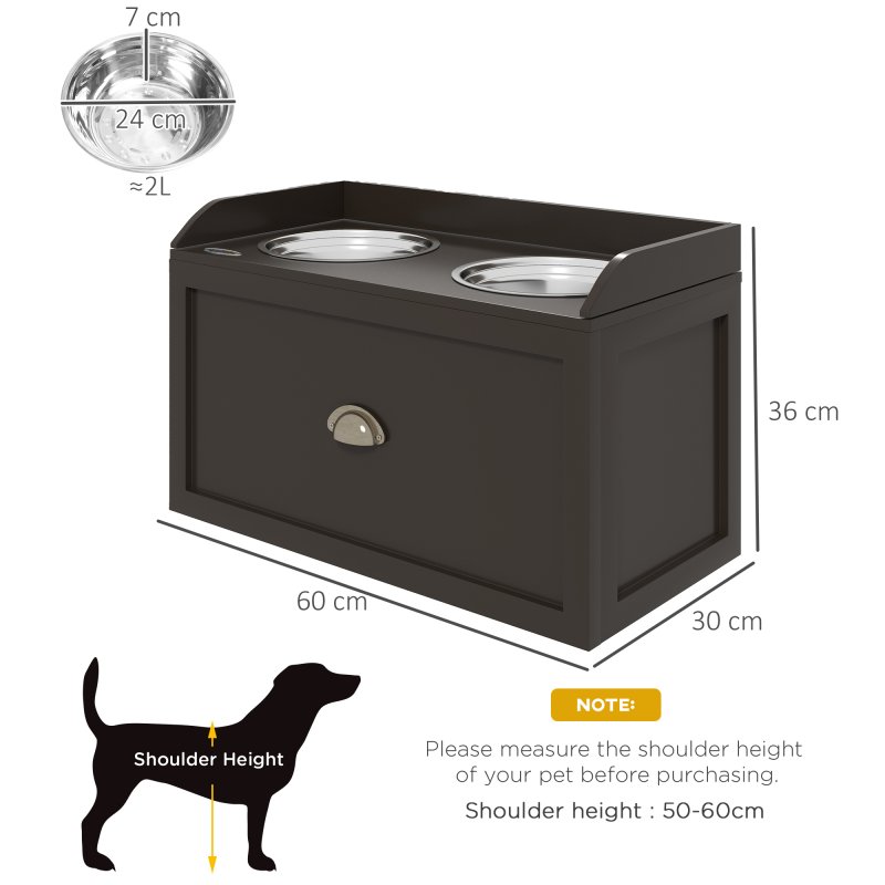 PawHut Stainless Steel Raised Dog Bowls, Double Dog Food and Water Bowl w/ 21L Storage Drawer, for Large Dogs - Brown