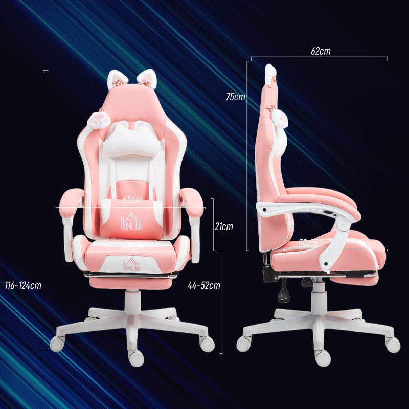 HOMCOM Gaming Chair for Adults with Cat Ears, Faux Leather Reclining Computer Chair with Footrest, Lumbar Support and Headrest, Height Adjustable Swivel Seat, Pink