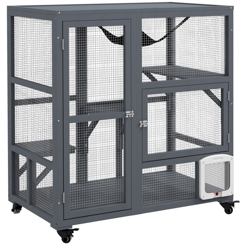 PawHut Cat Cage House, Catio Cat Indoor Enclosure on Wheels, Weather-Resistant Wooden Kitty Cage with Platforms, Hammock, Light Grey