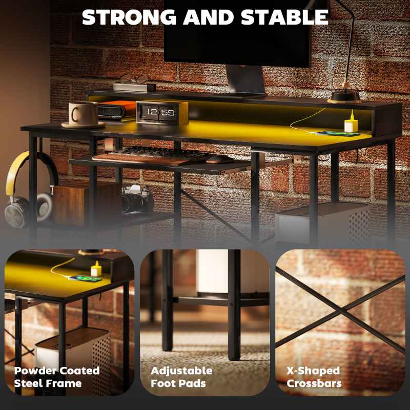 HOMCOM Computer Desk with LED Lights and Power Outlets, 120 x 55 cm Gaming Desk with Monitor Stand, Sliding Keyboard Tray and Storage Shelves for Home Office, Black