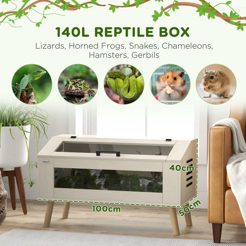 PawHut 140L Reptile Vivarium Terrarium with Tempered Glass Windows, Openable Top for Snake Lizards, Horned Frogs, Chameleons, Hamsters, Gerbils, 100 x 50 x 60cm