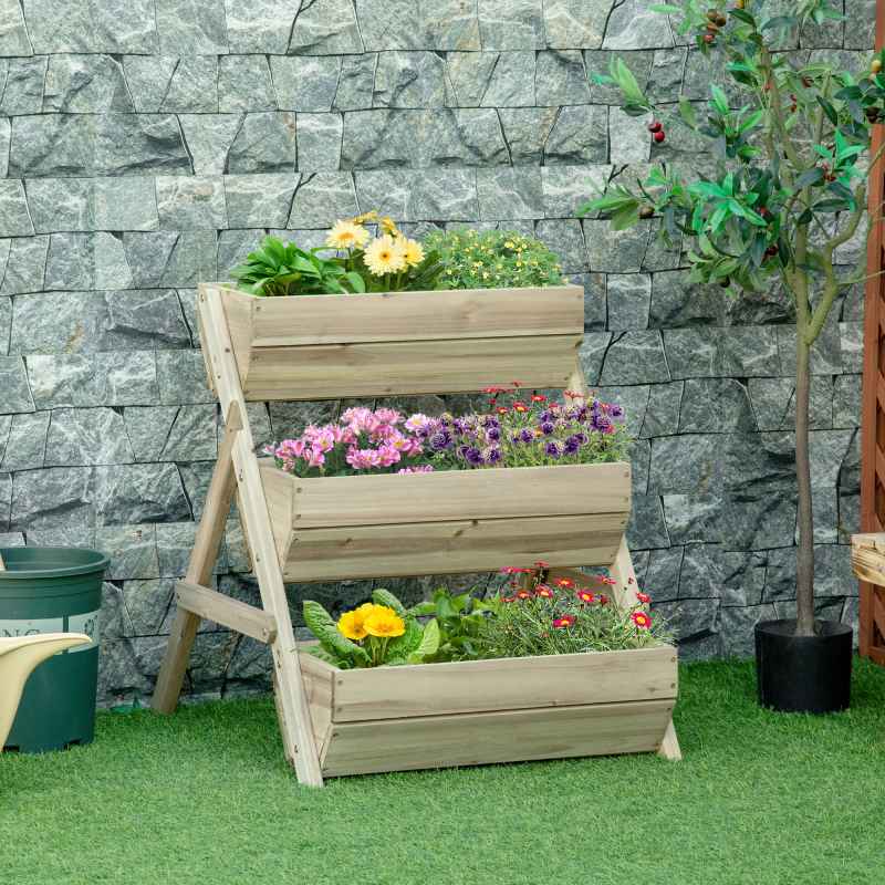 Outsunny 3 Tier 66L Raised Garden Bed Wooden Elevated Planter Box Kit for Flower, Vegetable, Herb, 65 x 75 x 76cm, Green