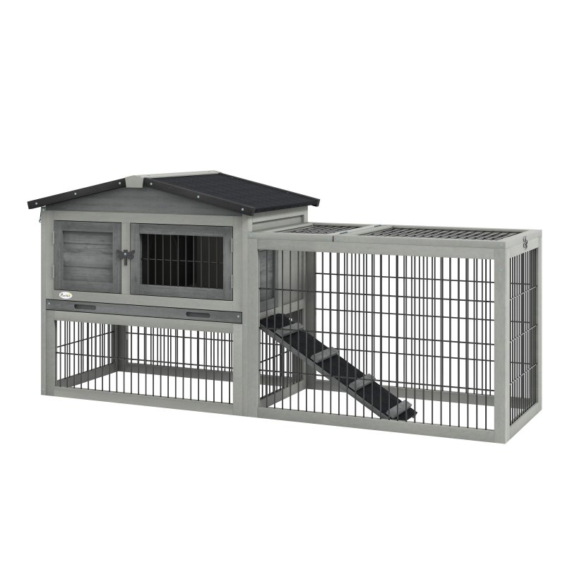 PawHut Rabbit Hutch Outdoor, Wooden Guinea Pig Hutch with Run, Openable Roof, Pull-Out Tray, Ramp for 1-2 Rabbits, 150 x 52.5 x 68 cm, Grey