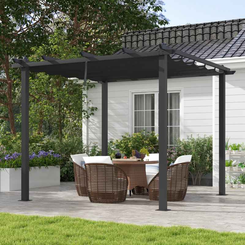 Outsunny 3 x 3(m) Pergola with Retractable Roof, Aluminium Frame Garden Gazebo Canopy Outdoor Sun Shade Shelter for Grill, Patio, Deck, Dark Grey