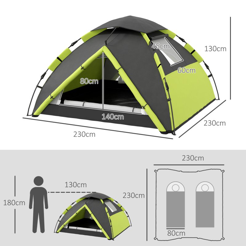 Outsunny Camping Tent, 3-4 Man Family Dome Tent, 2000mm Waterproof, with Carry Bag and Top Hook, for Fishing Hiking Festival, Quick Setup, Green