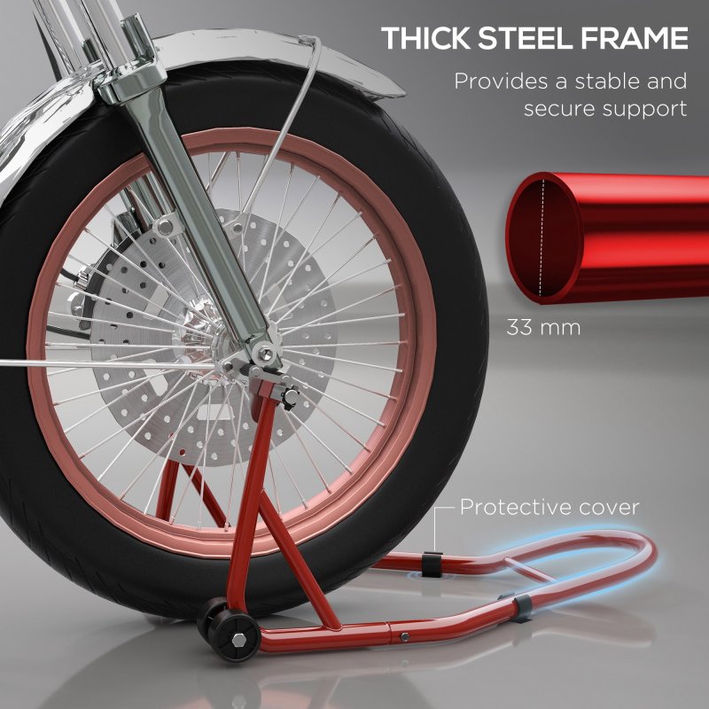 HOMCOM Front Motorcycle Paddock Stand Motorbike Stand with Anti-Slip Mat, U-Shaped and L-Shaped Adapters, 200 kg Capacity, for 18", 17" and 10" Tyre, Red