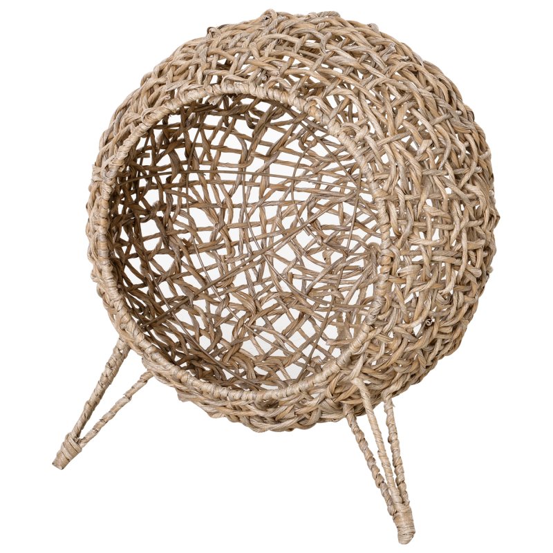 PawHut Wicker Cat House, Rattan Elevated Cat Bed with Three Tripod Legs, Ball-Shaped Cat Basket with Cushion - Natural Wood Finish