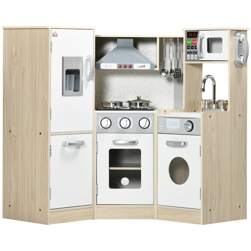 HOMCOM Kids Kitchen Playset Pretend Toy Kitchen w/ Role Play Accessories, Sound and Light Effects, Phone, Storage Space