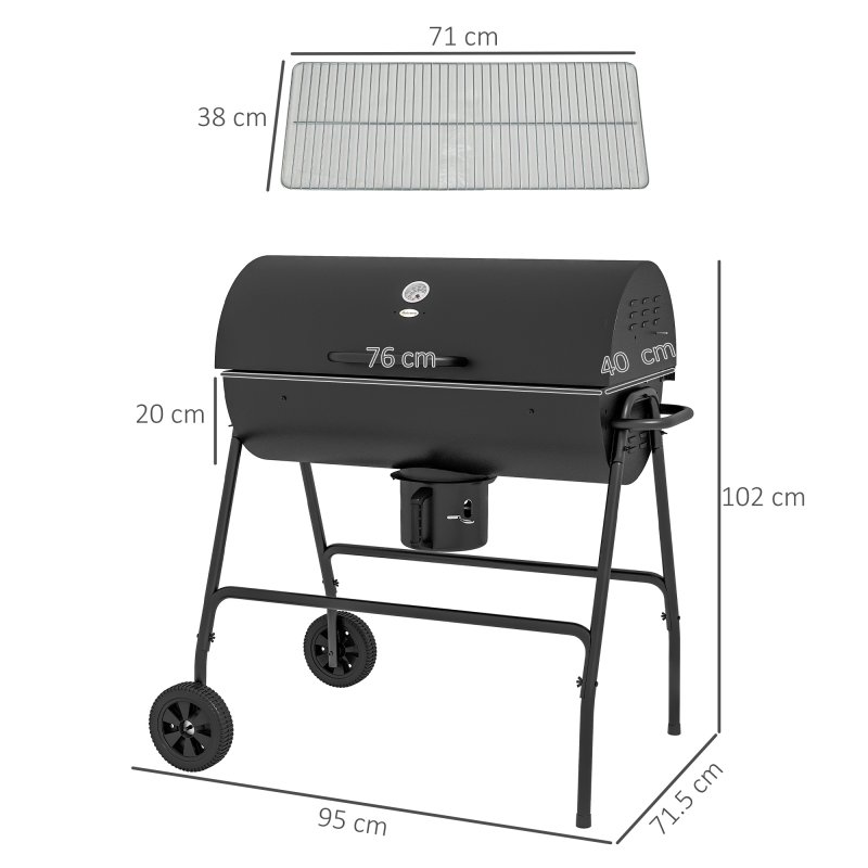Outsunny Charcoal Barbecue Grill, Portable Barrel BBQ Trolley Smoker with Wheels, Ash Catcher and Thermometer for Outdoor Garden Party Cooking, Black