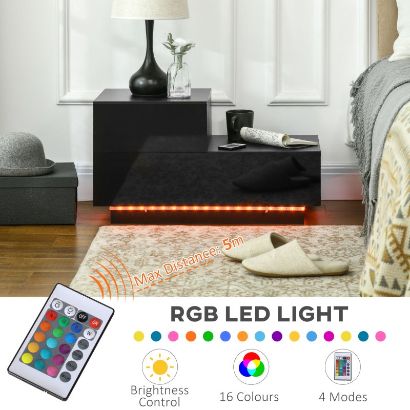 HOMCOM Bedside Table with LED Light, Nightstand with 2 Drawers and High Gloss Front, USB Powered Side Table with Remote for Bedroom, Living Room, Black