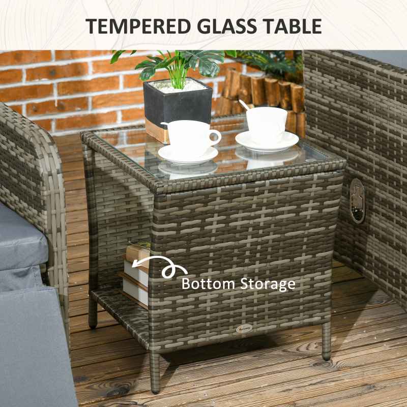 Outsunny 3 Pieces Garden Rattan Bistro Set with Adjustable Backrest, Balcony Conversation Furniture Set with 2 Armchairs Tempered Glass Coffee Table, Cushions, Storage Function - Mix-Grey