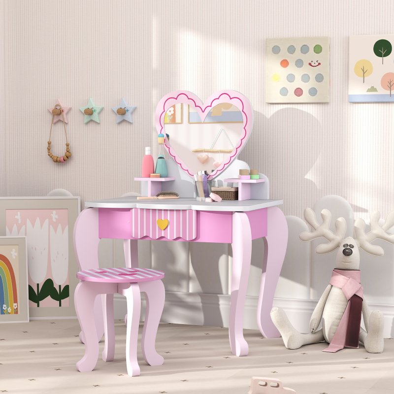 AIYAPLAY Kids Dressing Table Set, 2-Piece Children Vanity Table with Stool, Mirror, Drawer, Desktop, Storage, Heart-Themed Makeup Desk and Chair, Pink