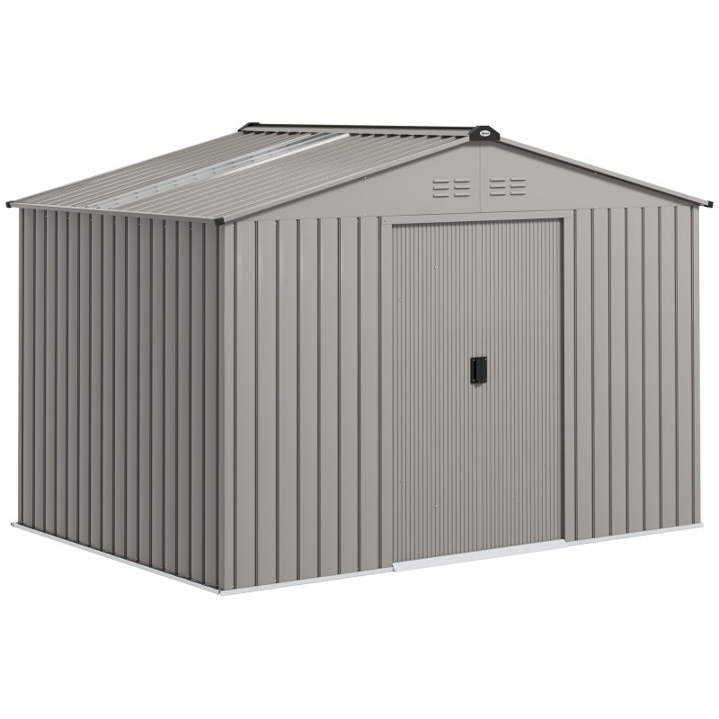 Outsunny 9 x 6ft Metal Garden Shed, Outdoor Storage Tool House with Ventilation Slots, Foundation Kit and Lockable Double Doors, Silver Grey