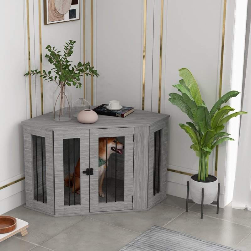 PawHut Dog Crate Furniture, Side Table Dog Kennel with Cushion, Large Door, for Medium Dogs - Grey