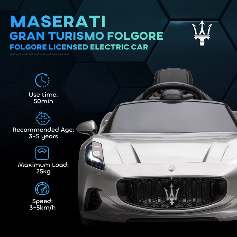 AIYAPLAY Maserati Licensed Electric Car for Kids, 12V Kids Electric Car with Remote Control, LED Light, MP3, Music, Soft Start, Horn, Ride on Car for 3-5 Years, Grey