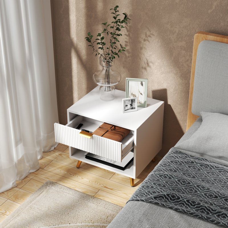 HOMCOM Bedside Table, Bedside Cabinet With Drawer and Open Compartment, Nightstand With Handle for Bedroom, Living Room, White