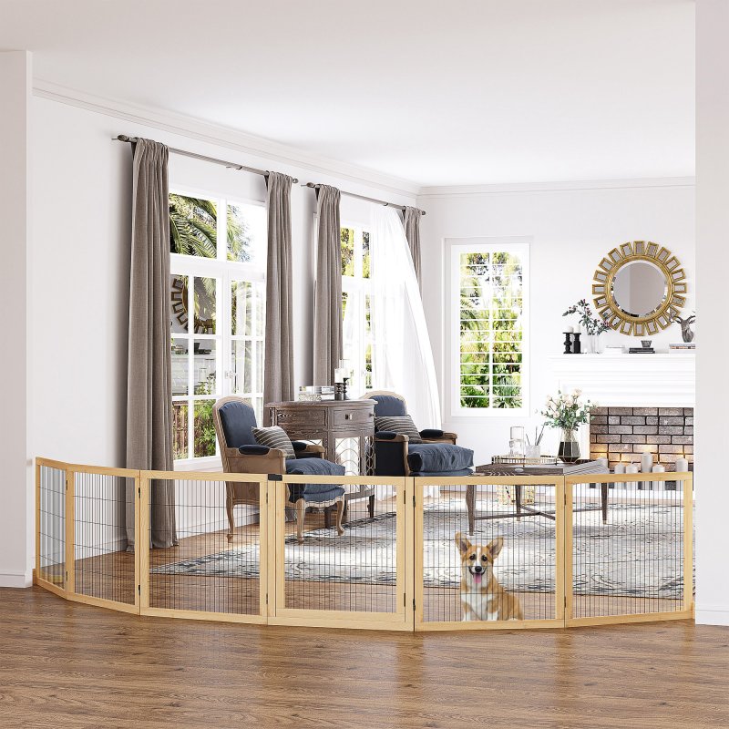 PawHut Freestanding Pet Gate, 6 Panel Foldable Playpen, Wooden Dog Gate with 2 Support Feet, for Stairs, Doorway - Natural Tone