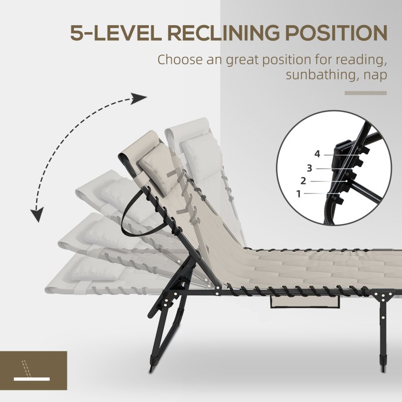 Outsunny 2 Piece Foldable Sun Lounger Set with 5-level Reclining Back, Outdoor Tanning Chairs Sun Loungers with Build-in Padded Seat, Side Pocket, Headrest for Beach, Patio, Khaki