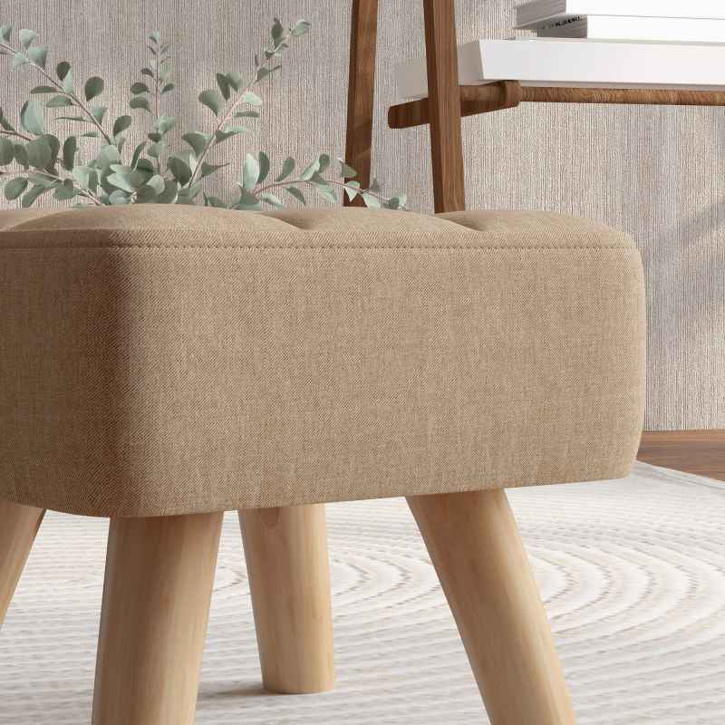 HOMCOM Modern Tufted Footstool, Fabric Foot Stool with Rubber Wood Legs, Padded Seat, for Living Room, Bedroom, Entryway