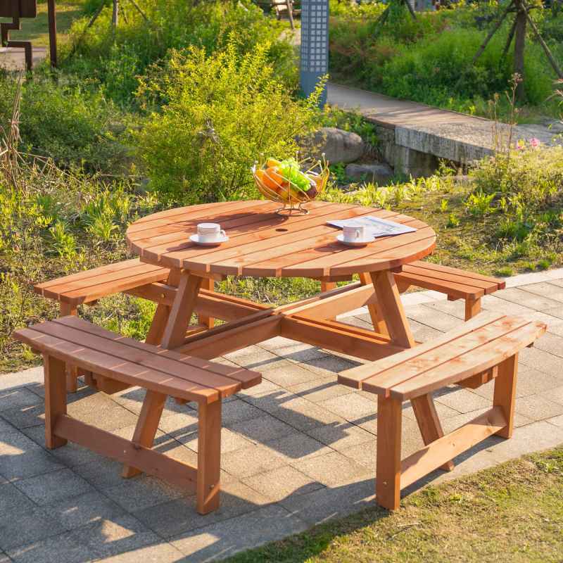 Outsunny 8 Seater Wooden Picnic Table and Garden Benches Set, Round Garden Dining Set with 4 Benches and Umbrella Hole Outdoor Garden Park, Brownish Red