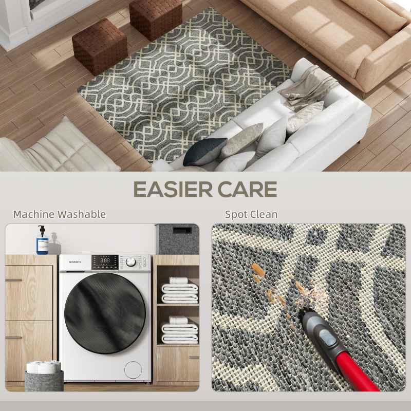 HOMCOM UV Resistant Indoor & Outdoor Area Rug, Easy-Cleaning Machine Washable Rug with Geometric Pattern for Patio, Garden, Kitchen, Bathroom or Living Room, 170 x 120 cm, Grey