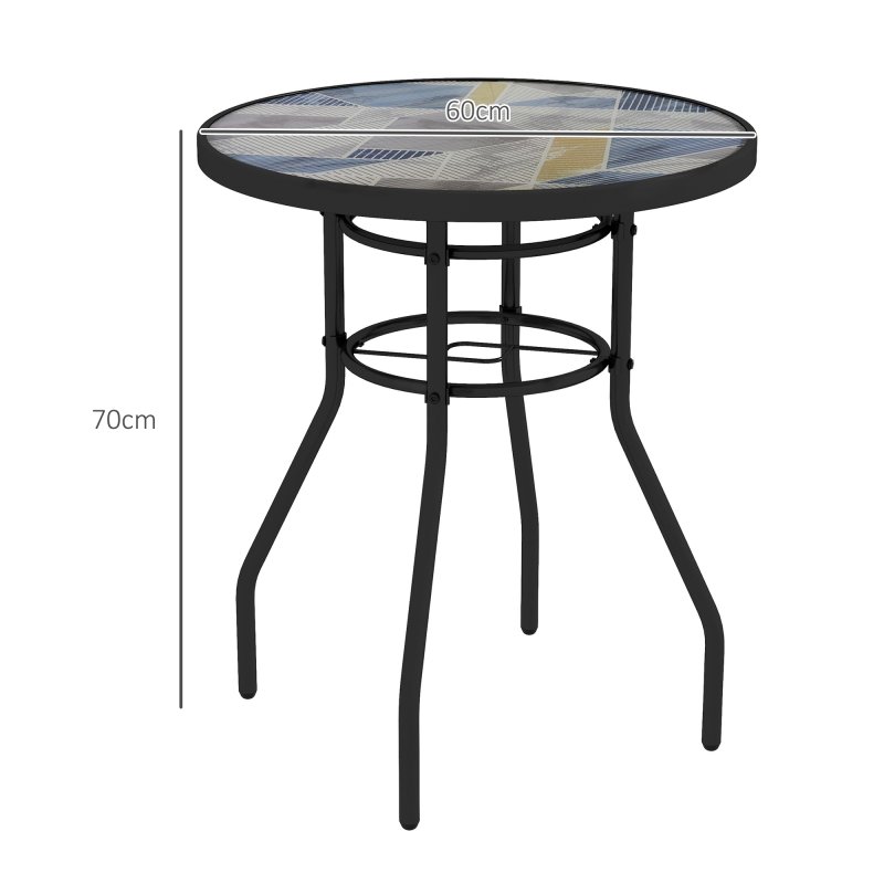 Outsunny 60 cm Garden Round Coffee Table,  Outdoor Side Table with Tempered Glass Printed Table Top and Foot Pads for Porch, Balcony, Multicolour