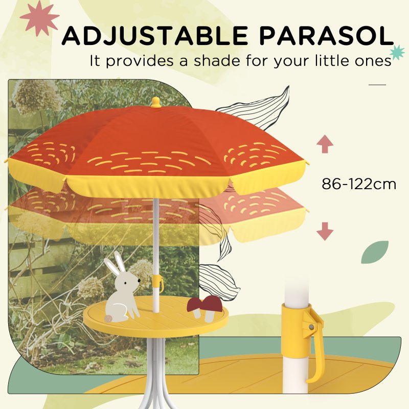 Outsunny Kids Bistro Set Children Table and Chair Set Garden Furniture Lion Themed 4 Pieces w/ Adjustable Parasol, Foldable Chairs for 2-5 Years - Yellow