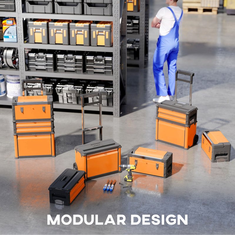 HOMCOM 3-in-1 Rolling Tool Box, Stackable, Modular Powder Coated Steel Toolbox with Tray, Handles, Latches, Wheels, Heavy Duty Tool Storage System for Workshop, Garage, 520mm x 320mm x 720mm, Orange