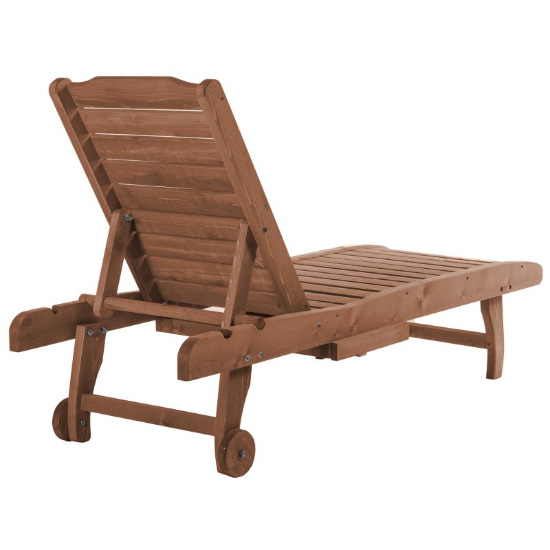 Outsunny Garden Patio Sun Lounger, Outdoor Wooden Sun Bed with Built-In Table, Reclining Backrest and Rolling Wheels for Sunbathing, Red Brown