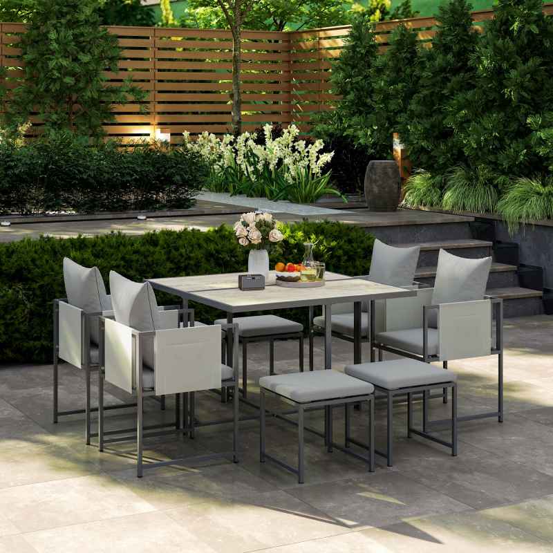 Outsunny 9 Piece Garden Dining Set, Cube Outdoor Garden Furniture Set with Cushions, 8 Seater Garden Table and Chairs with 4 Stools, Square PSPC Plastic Top Table, Side Pockets for Conservatory, Grey