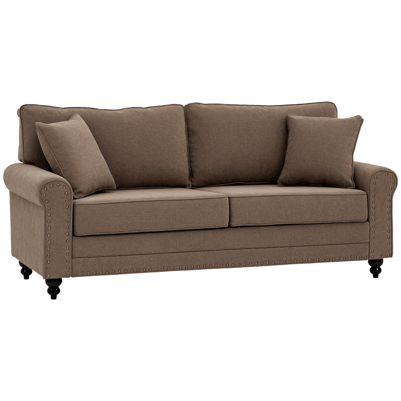 HOMCOM 3 Seater Sofa, Fabric Couch with Rubber Wood Legs, 3 Seater Settee with Extra Padded Cushions and Pillows for Living Room, 196W x 80.5D x 89H cm, Brown