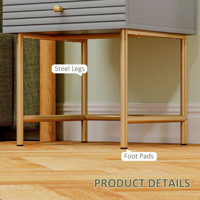 HOMCOM Bedside Tables Set of 2, Bedside Cabinet with 2 Drawers, Gold Steel Legs, Modern Side Table with Striped Panel for Bedroom, Living Room, Grey