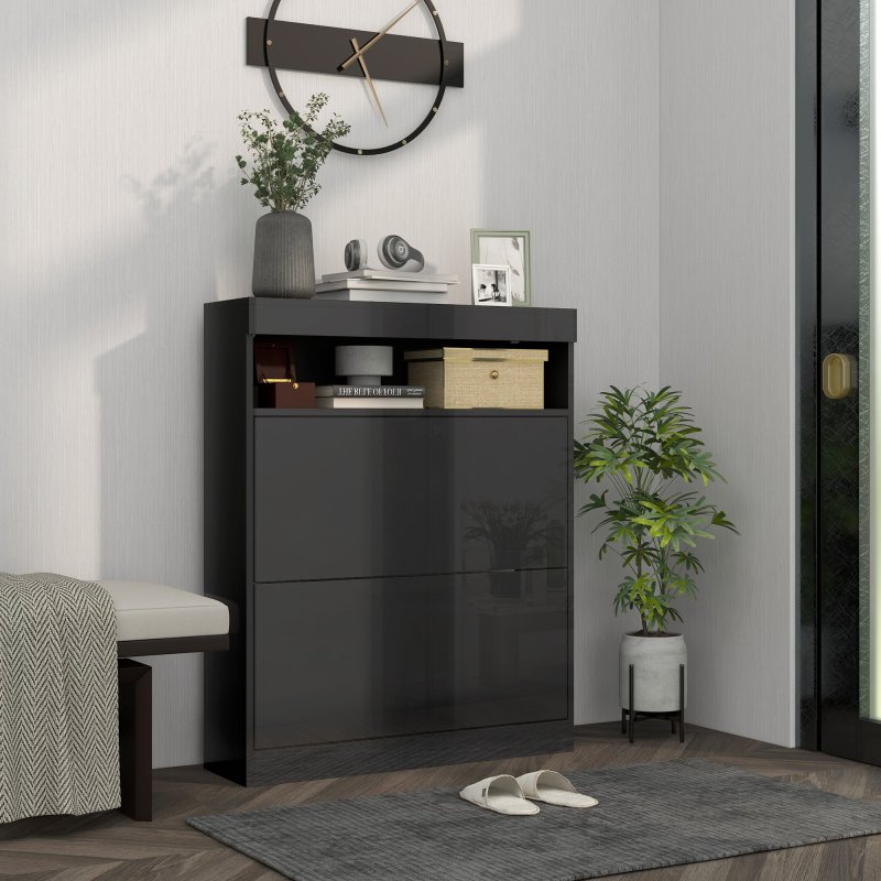 HOMCOM Narrow Shoe Cabinet, Wall Mounted or Freestanding Shoe Storage Cabinet with 2 Flip Drawers and Open Shelf for 12-16 Pairs of Shoes for Entryway, High Gloss