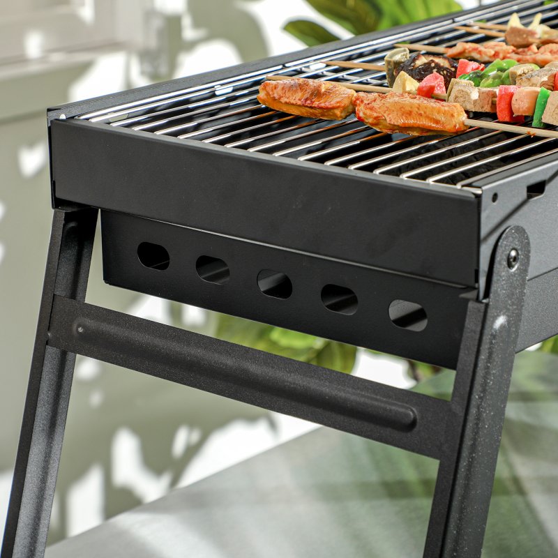 Outsunny Portable Charcoal Grill with Pull-Out Charcoal Basin, Folding Tabletop Barbecue, Compact Camping BBQ, Galvanised Metal, 73 x 31 x 38 cm, Black