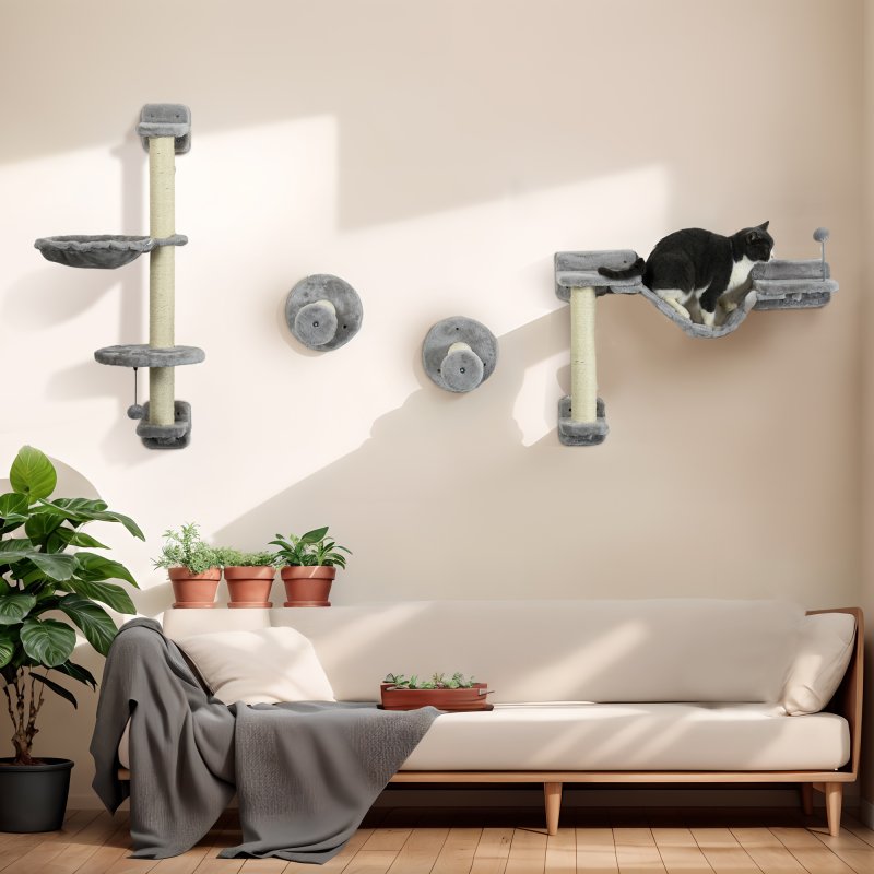 PawHut 4Pcs Wall Mounted Cat Shelves, with Hammock, Perches, Ladder, Scratching Post, Cat Wall Furniture for Large Cats, Grey