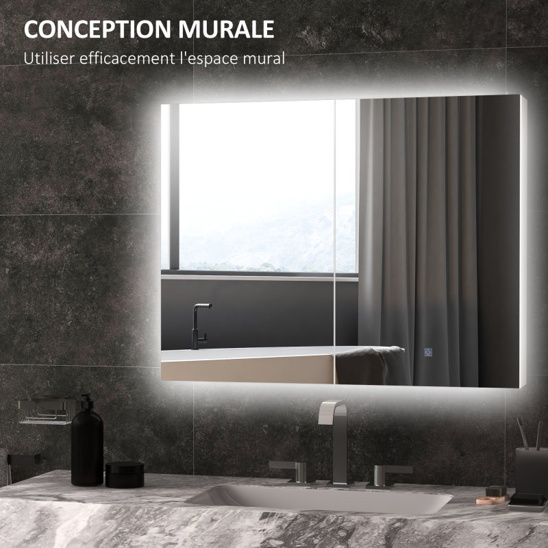 kleankin LED Lighted Bathroom Mirror Cabinet, Wall Mounted Bathroom Storage Cupboard with Adjustable Shelf, USB Powered, 90W x 15D x 70Hcm, High Gloss White